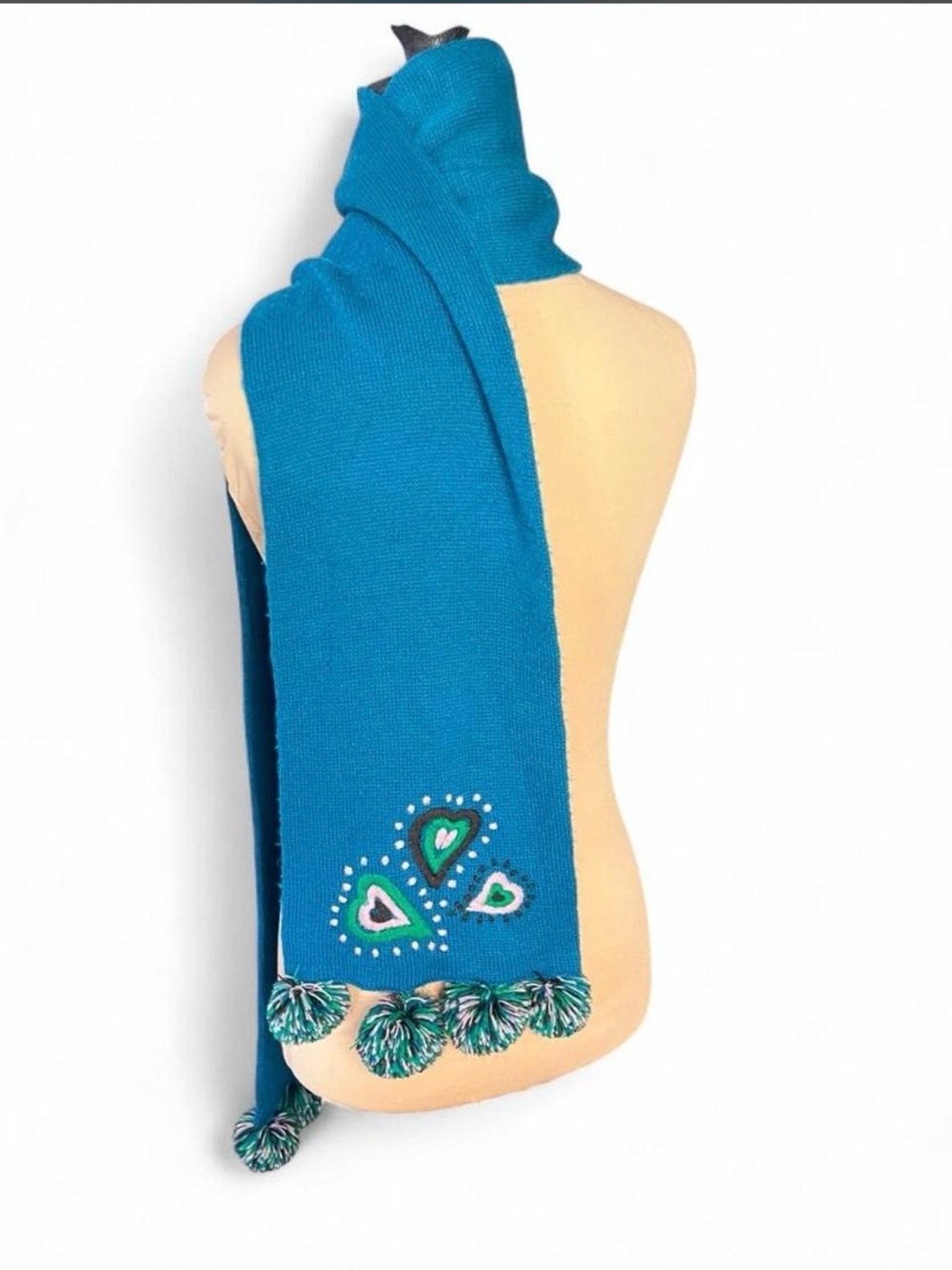 Teal Knit Scarf with Pom-Pom Hearts - Women Accessories